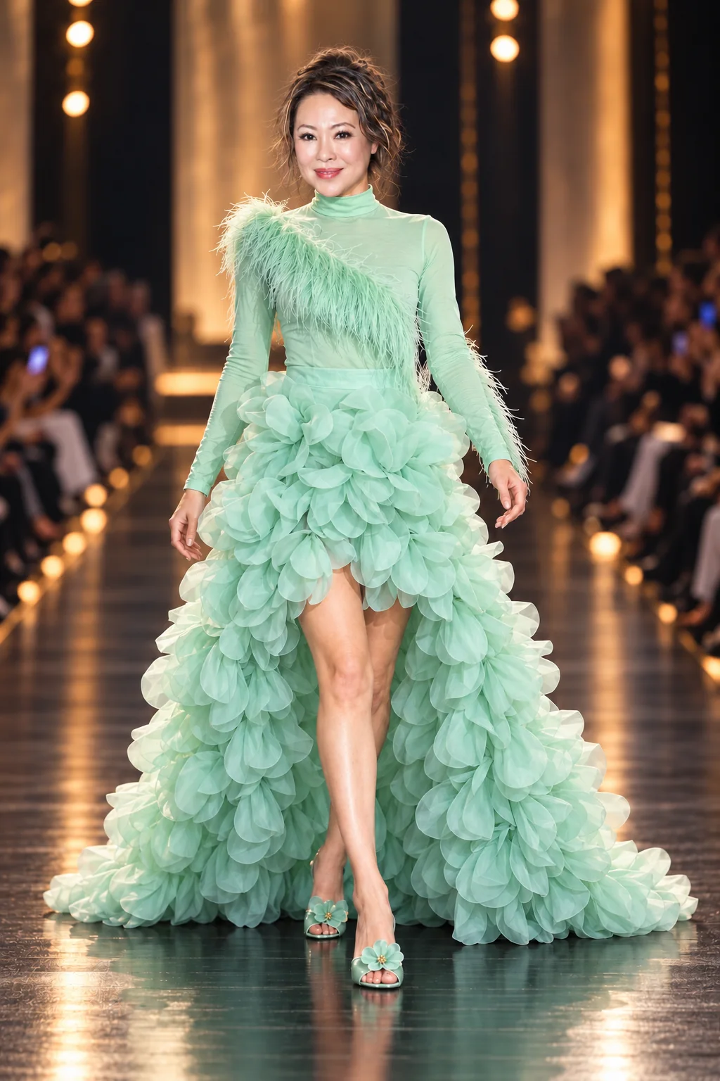 Sue Wang presenting the signature mint Le Mode Luxe runway look