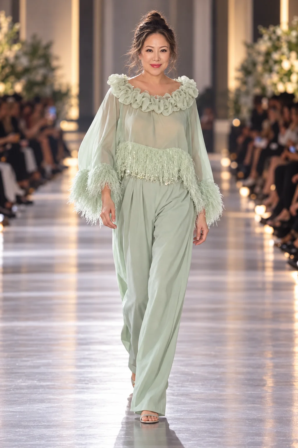 Sue Wang in a pale seafoam tailored runway look
