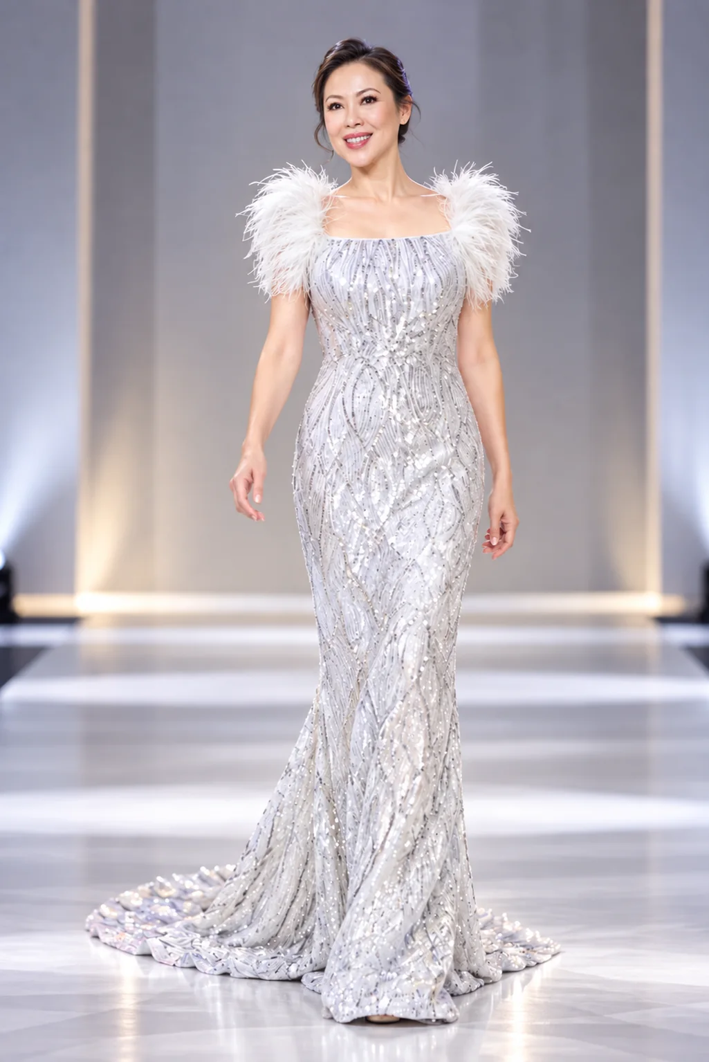 Sue Wang in a silver feather-shoulder runway gown