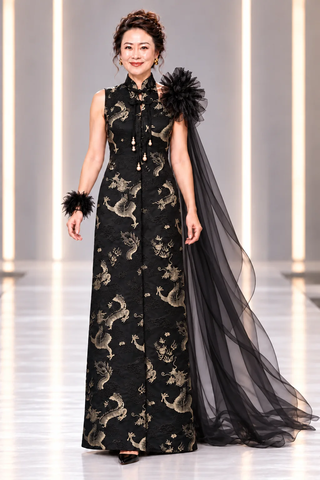 Black silk column look with gold dragon motifs
